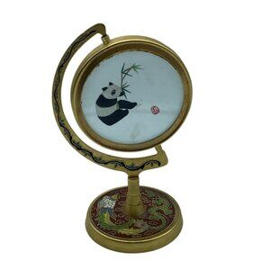 Vtg Chinese Cloisonnè Metal Dragon Stand Silk‎ Embroidered Panda Glass Spin Disc